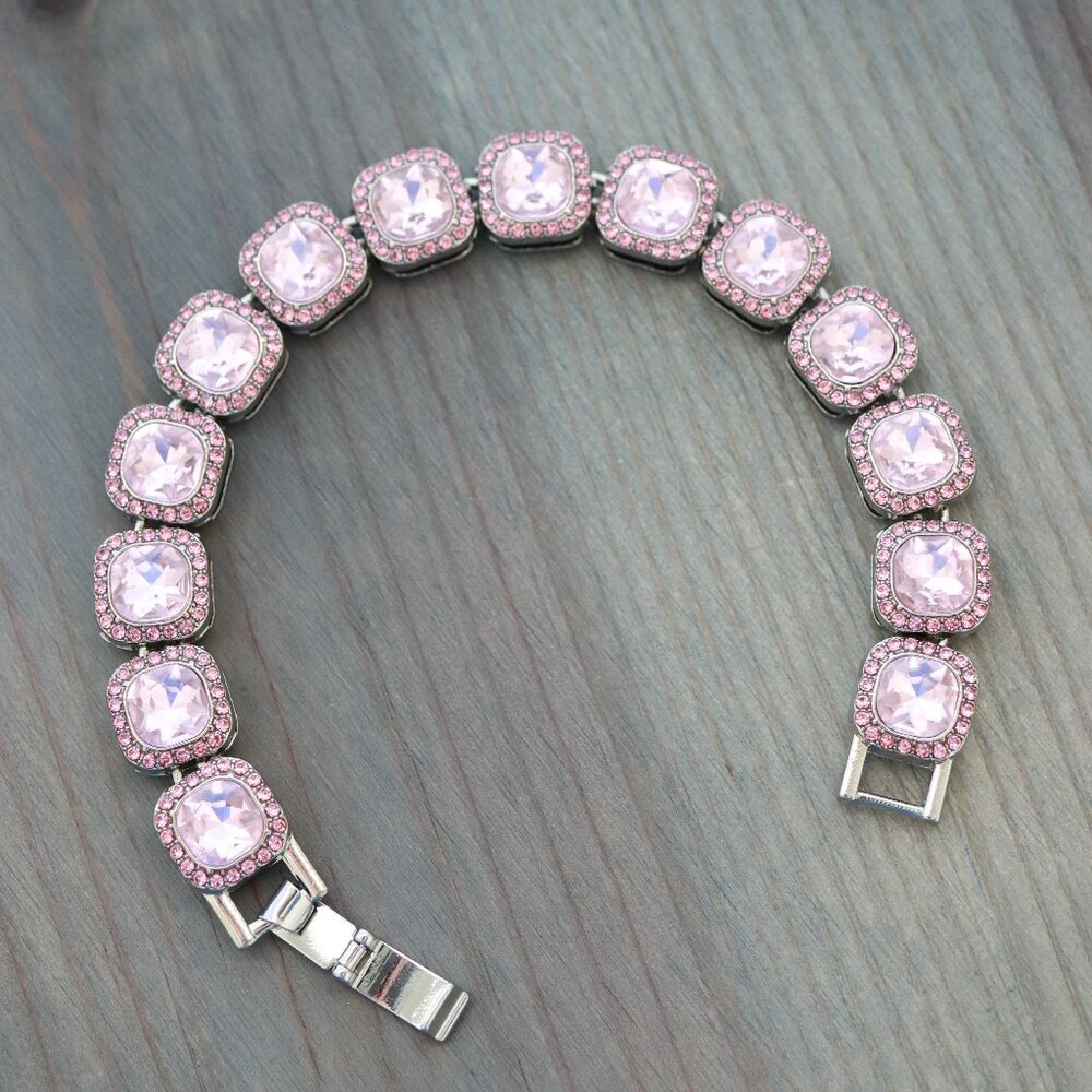 12.5mm 8inches Pink Square Halo Diamond Chain Pink Rhinestones Silver Plated